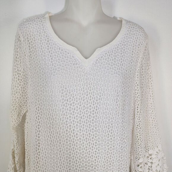 Alfred Dunner Tunic Top Womens Medium White Open Crochet 3/4 Sheer Sleeve Lined - Picture 3 of 9